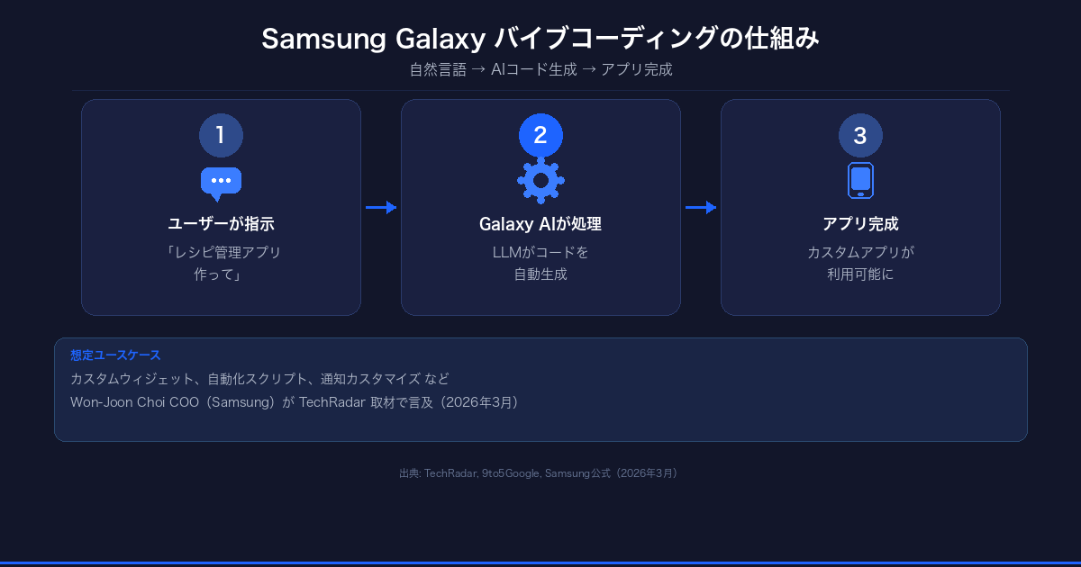 Samsung Galaxy バイブコーディングの仕組み 自然言語からアプリ生成までのフロー図