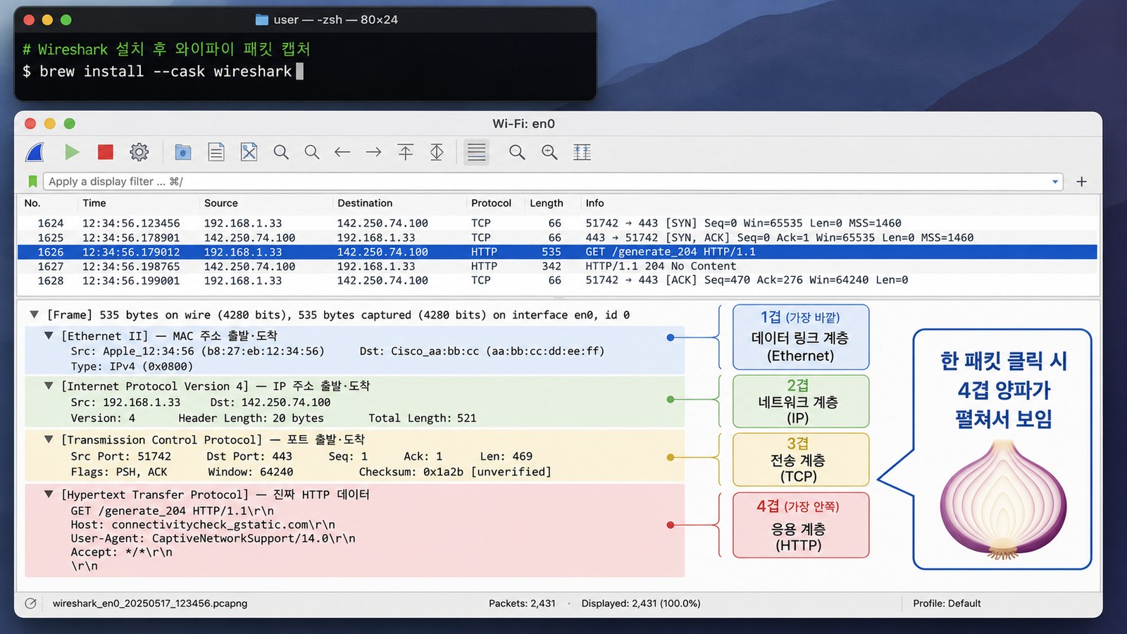 IP 주소 패킷 4겹 양파 — Wireshark 로 본 Ethernet/IP/TCP/Payload 구조